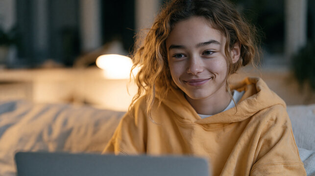 Teenage girl on a video call with an online friend group who are meeting in person for the first time, digital to real-world friendship transition, youth social life, living room
