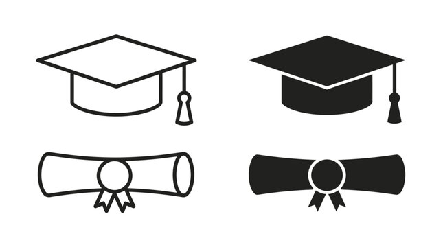 Graduation caps and diploma scrolls displayed as simple black and white vector graphic icon set