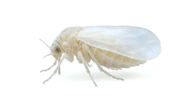 Pale termite with translucent wings and segmented body shown in profile against white background, suitable for educational, pest control, and entomology materials.