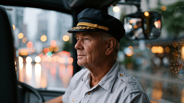 Bus driver checking mirrors before pulling away from a busy transit stop in the rain, city street reflections on windshield, public transportation, municipal service worker, urban