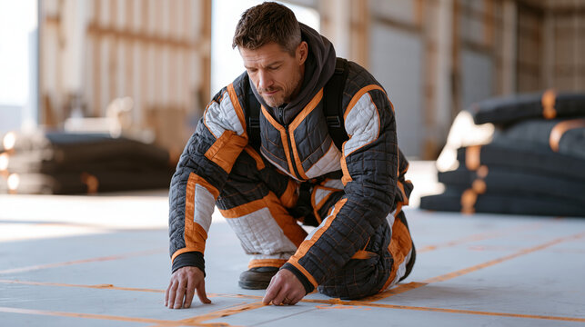 Stunt coordinator in padded rehearsal gear marking safety distances on a film set warehouse floor with tape, crash mats stacked nearby, action filmmaking behind the scenes,
