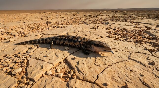 Dead lizard on cracked desert ground, arid landscape with dried mud patterns and sandy terrain, suitable for wildlife, nature, and environmental educational content.