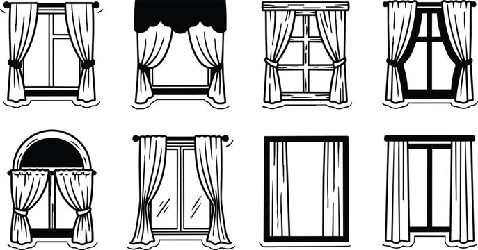 Hand drawn window curtains set, black and white interior drapery sketches, 8 vector window treatment icons for home decor and architecture