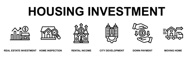 Housing Investment Banner Web Outline Icon Vector Illustration Concept for Business with Icons of real estate investment, home inspection, rental income, city development, down payment, moving home © Naba