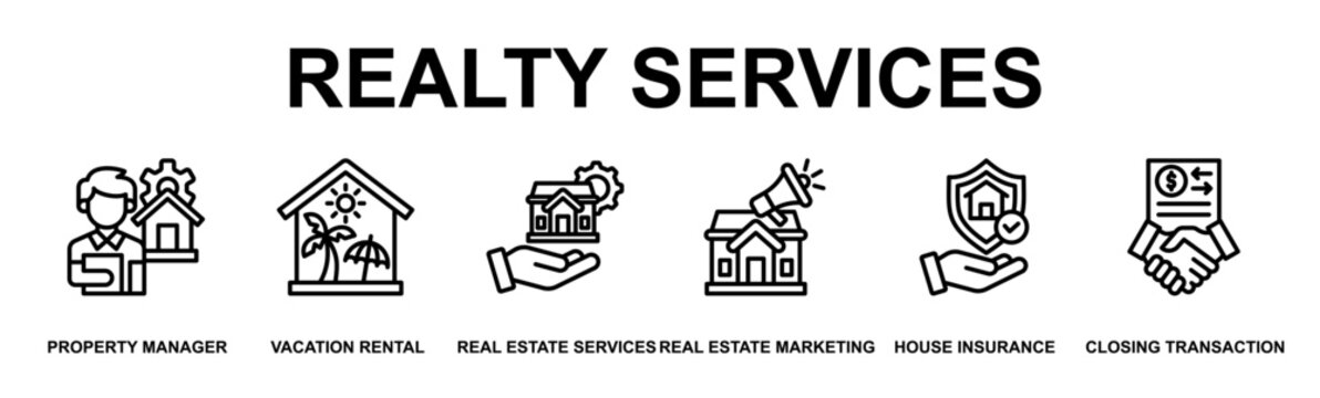 Realty Services Banner Web Outline Icon Vector Illustration Concept for Business with Icons of property manager, vacation rental, real estate services, real estate marketing, house insurance