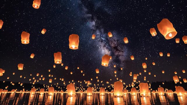 Hundreds of glowing sky lanterns floating above water at night with reflections