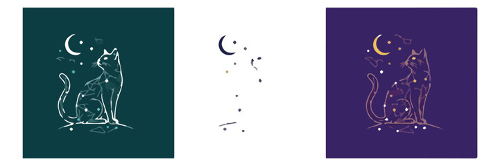 Celestial cat constellation vector set, mystical feline line art with crescent moon and stars, esoteric kitten silhouette icons for astrology © Nadidon