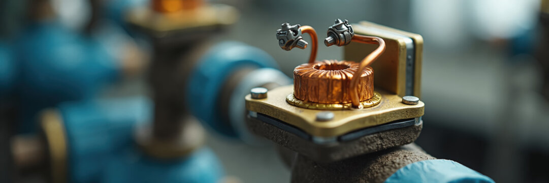 Copper toroidal coil inductor on industrial piping system. Close up of electrical component on brass plate. Panoramic banner of engineering and utility technology
