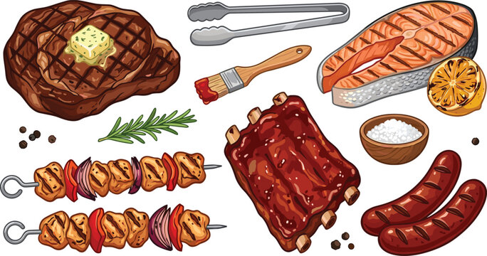 Barbecue grilled meat and seafood vector illustration set featuring beef steak with butter, pork ribs, salmon steak, chicken skewers, and sausages