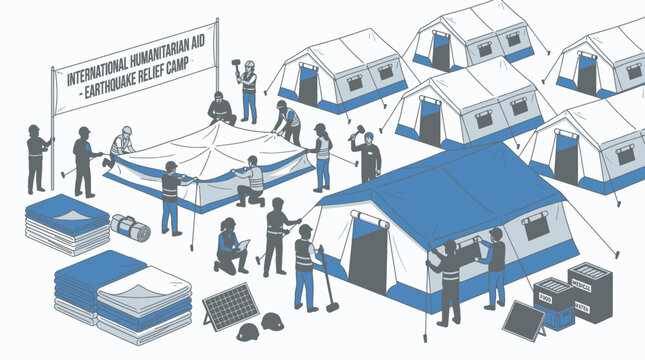 People set up tents and beds at an outdoor camp event location.