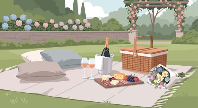 Outdoor wooden picnic table with basket and wine glasses.