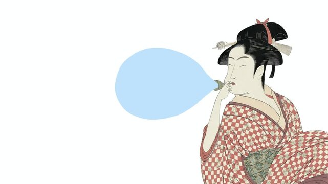 浮世絵の吹き出しアニメーション　ビードロを吹く女