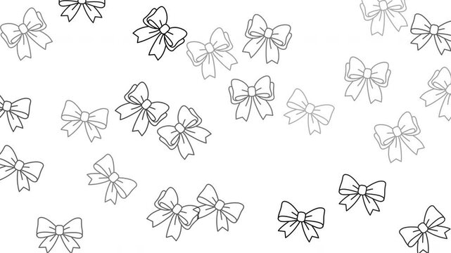 Numerous black white outlined gift ribbon bow shapes scattered across plain background.