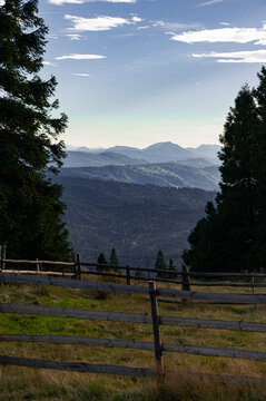 A rustic wooden log fence enclosing a mountain pasture in a rural alpine region. Tall dark green pine trees frame a scenic view of rolling blue mountain ridges stretching into the distance.