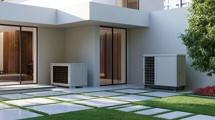 Fototapeta premium Modern House with Outdoor Heating and Cooling Systems on Patio