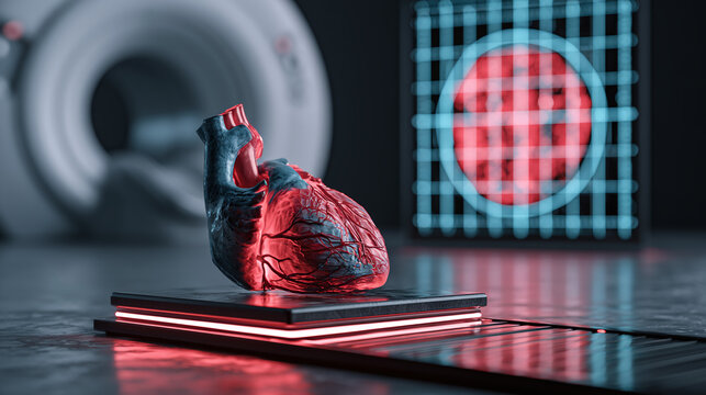 Anatomical Human Heart Model with MRI Scan Background Medical Concept
