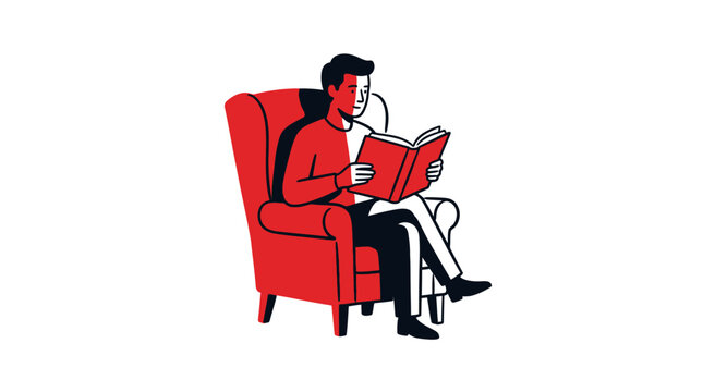 A stylized illustration of a person sitting in a comfortable armchair reading a book