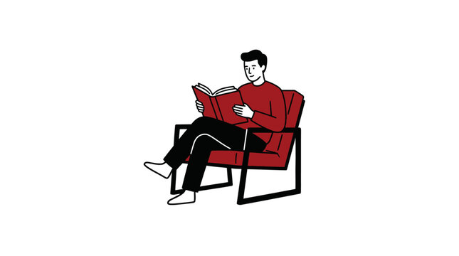 A young man sits comfortably in a modern chair while reading a book