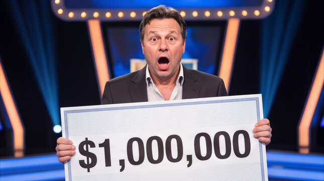 Contestant holding large winning check for one million dollars on television game show stage. Middle-aged man expressing shock and excitement after winning grand prize in studio competition.