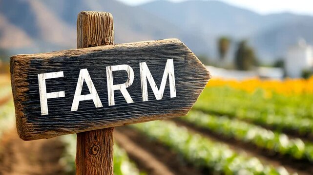 Weathered wooden farm sign near fields with crops during daytime Generative AI