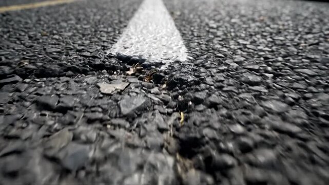 Close low angle view of rough asphalt road surface with bright white centerline stripe, visible aggregate texture, subtle sheen, and strong leading perspective for traffic and infrastructure themes