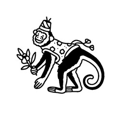 Chained, performing circus monkey. Vintage-style line art © Dani