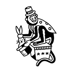 Dark, eerie circus monkey magician line art on black © Dani