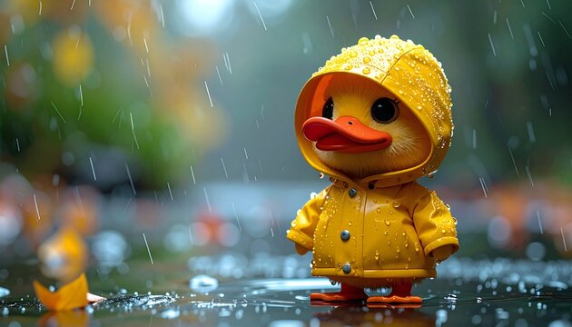Toy duck wearing yellow raincoat and red nose in the rain	
