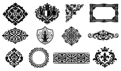 Damask ornament designs vector illustration with crest, corner scroll, frame, medallion, border, and fleur de lis elements on white background © Abdullahall