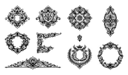 Black white ornaments set with crest shield, floral medallion, wreath badge, corner scroll, and border flourish designs illustrated on white © Abdullahall