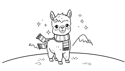 Cute baby llama coloring page. Adorable alpaca wearing a scarf with mountains and stars. © Axivora