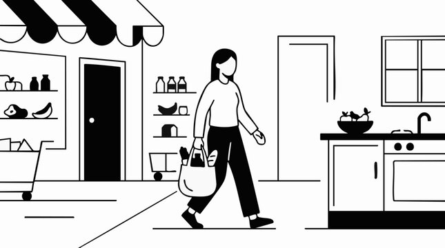 Woman carrying groceries from store to home, minimalist line art