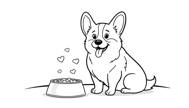 Cute corgi dog sitting by a food bowl. Happy puppy illustration for coloring page.
