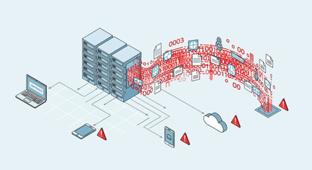 Data transmission and cybersecurity concept with server and devices. © Malikmagak