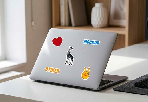 Laptop Sticker Logo Effect Mockup on Workspace Desk
