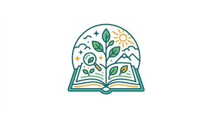 Open book with growing plant and nature elements inside a circle. © Agung