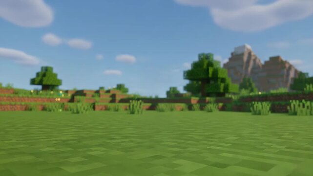Blocky voxel dachshund dog standing in grassy pixel world with distant mountain, sandbox game character, cute pet, cubic gaming style, playful adventure.