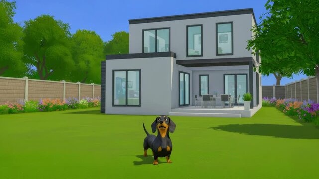 Black dachshund dog exploring green backyard lawn near stylish modern house, happy pet outdoors, sunny garden, home living, cheerful animated puppy.