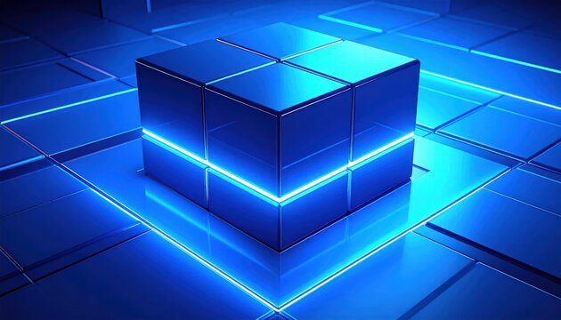 Glowing blue digital data cube in futuristic technology environment