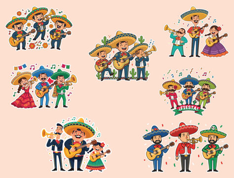 Vibrant mariachi band characters with guitars and trumpets