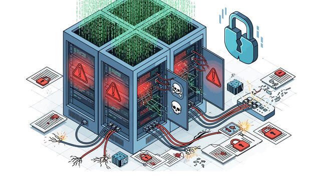 Secure server room with locked padlock and warning signs.