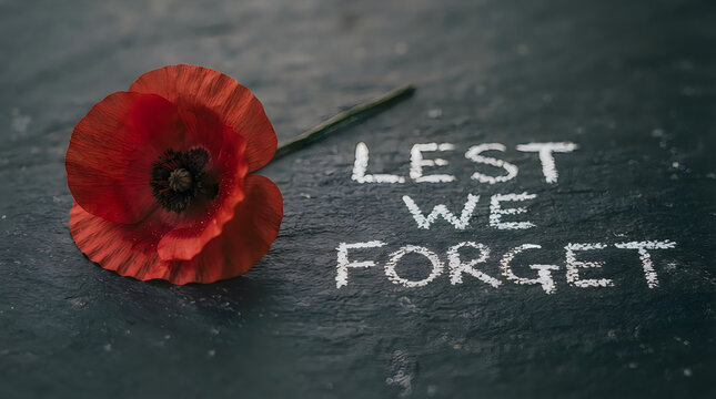 Remembrance day poppy 'lest we forget' message on slate background