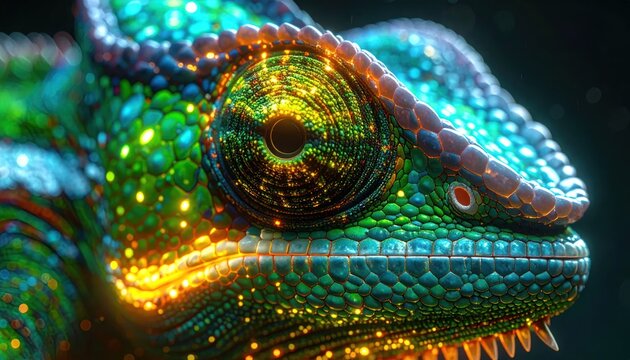 Colorful chameleon head with glowing iridescent scales and eye