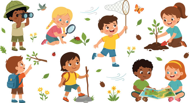 Cute children exploring nature vector illustration set with kids catching butterflies planting trees bird watching and reading map for educational clip art designs