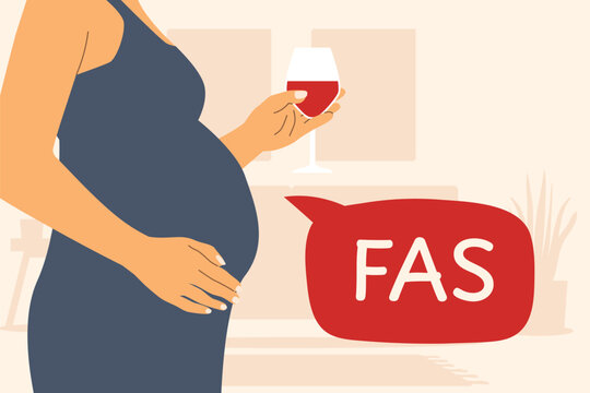 pregnant woman drinking alcohol with FAS acronym in speech bubble, Fetal Alcohol Syndrome awareness concept, for prenatal healthcare and public health education- vector illustration