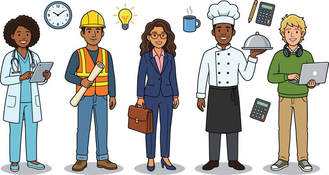 Diverse professional workers cartoon character vector icon set including doctor engineer business woman chef and it specialist isolated on white background