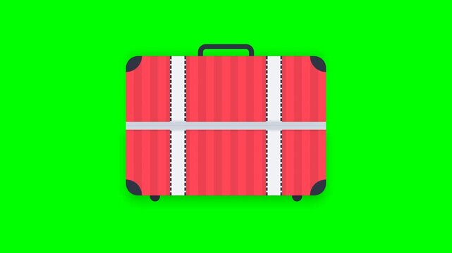 Flat design animation of a red travel suitcase opening with vacation essentials on green screen background