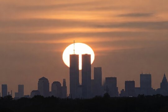 Silhouette of Twin Towers framed by glowing sunset, evoking emotions of hope and reflection.