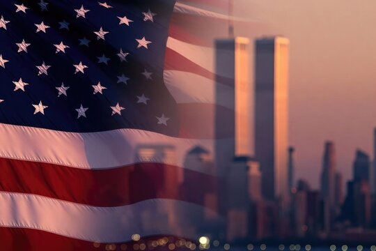 Emotional homage to strength, blending flag and skyline, symbolizing hope and collective memory.