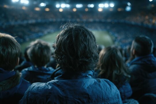 Crowd of excited fans watching intense soccer match under bright stadium lights